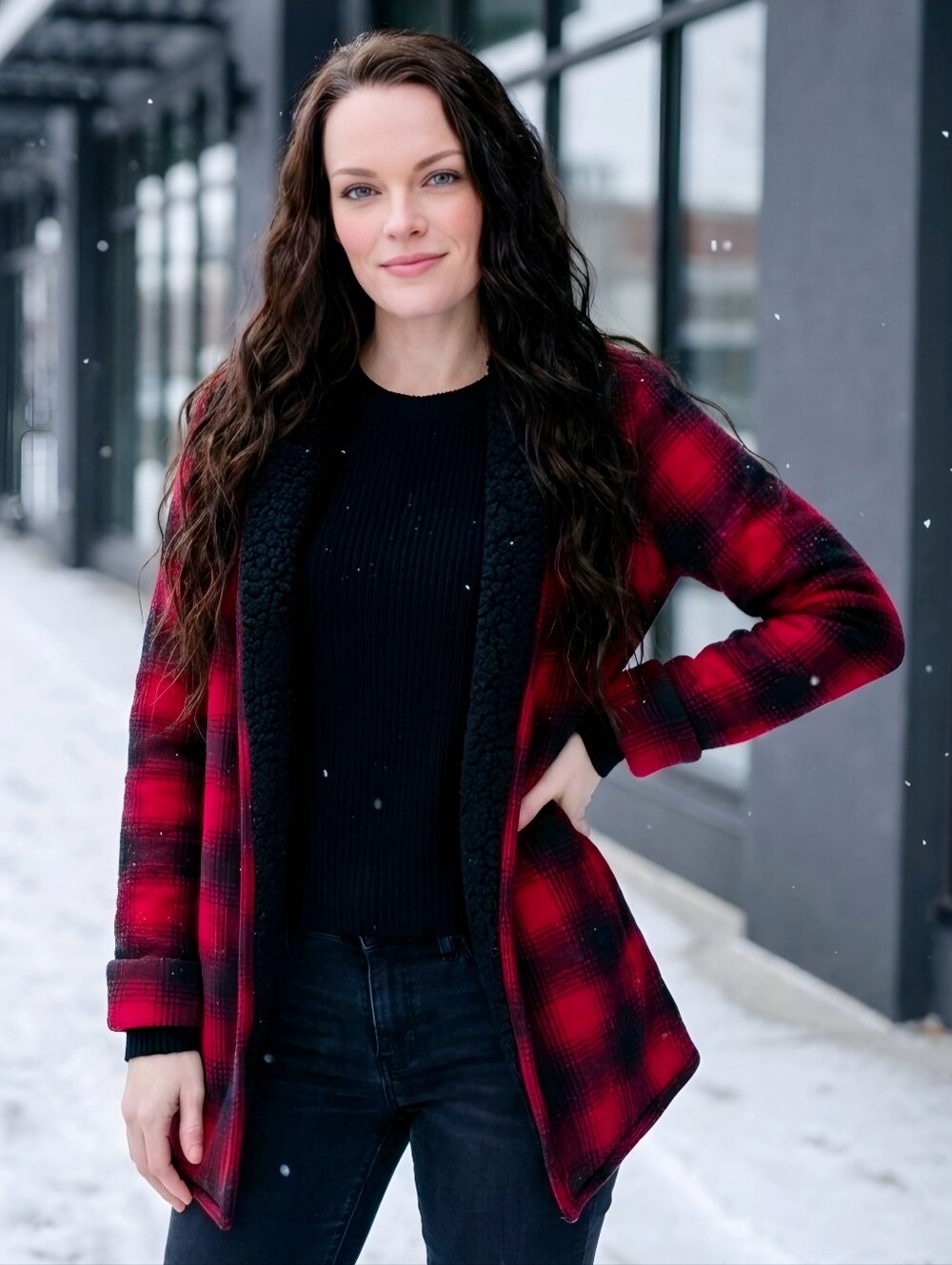 Abercrombie & Fitch ✦ Red Black Plaid Sherpa Jacket ✦ Open‑Front Cozy Layer Soft